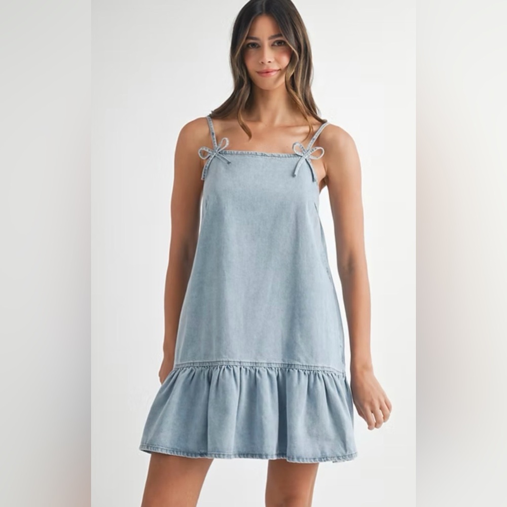Light Blue Denim Dress with Bow Straps